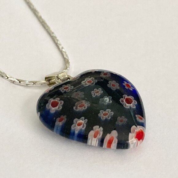Blue Murano Glass Heart Necklace Millefiori Flowers Vintage Silver Plated 18" - Picture 6 of 10